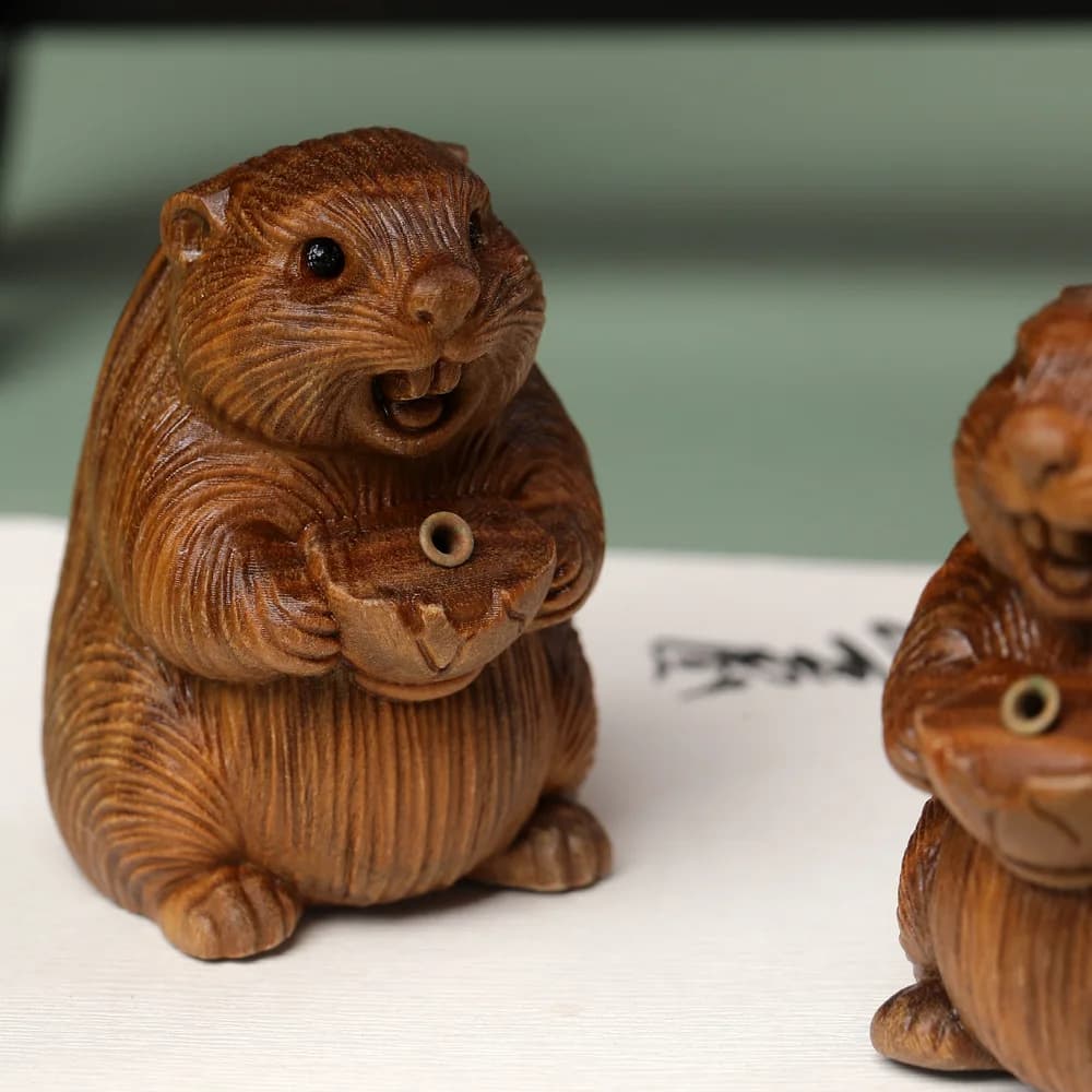Cypress Wood Roaring Marmot Incense Holder Wood Carving Figurine Cute Mouse Nezha Peripheral Solid Wood Desktop Decor Craft Gift