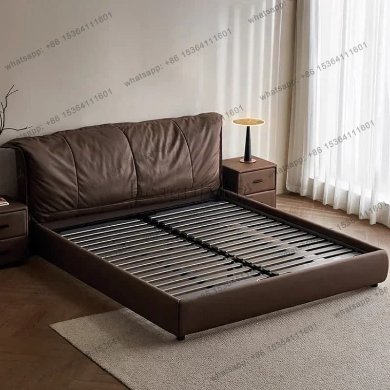 180x200cm Beds Light Luxury First Layer Cowhide Leather Soft Bag Double Bed Queen Bed Frames Marriage Bedroom