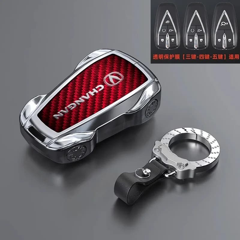 Car Zinc Alloy Carbon Fiber Key Case Holder Chain for Changan 3rd Gen CS75 Plus / CS55 / UNI-V / Oshan Z6