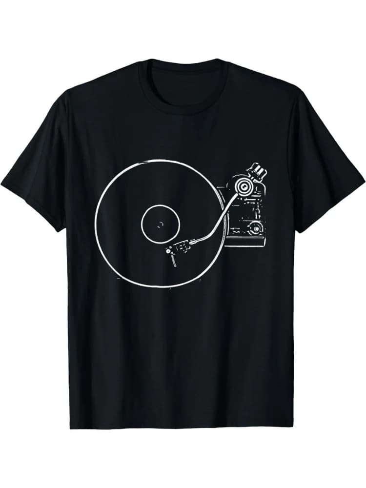 Vintage Vinyl Record Player Sketch Graphic-Black with White Line Art design-cotton O-neck short sleeve printed men's T-shirt.