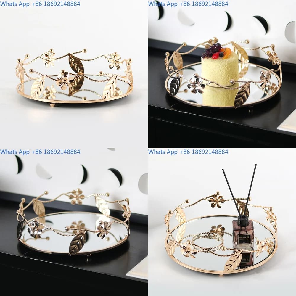 New Chinese Style Round Leaf Metal Mirror Tray Storage Display Hotel Snack Fruit Platter Home Decor