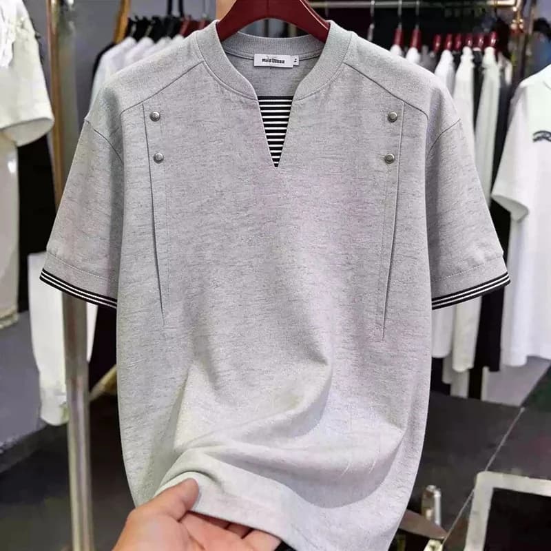 Plus Size Men Luxury Summer Short Sleeve T-Shirt 2026 Fake Two Piece Stripe Splice Metal Button V Neck Loose Daily Wear Tee Tops