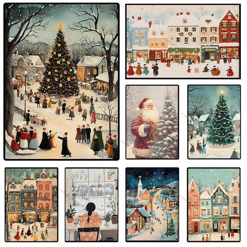 Winter Town Holiday Printable Wall Art Christmas Tree Poster Hello December Print Cozy Farmhouse Christmas Decor Seasonal Gift