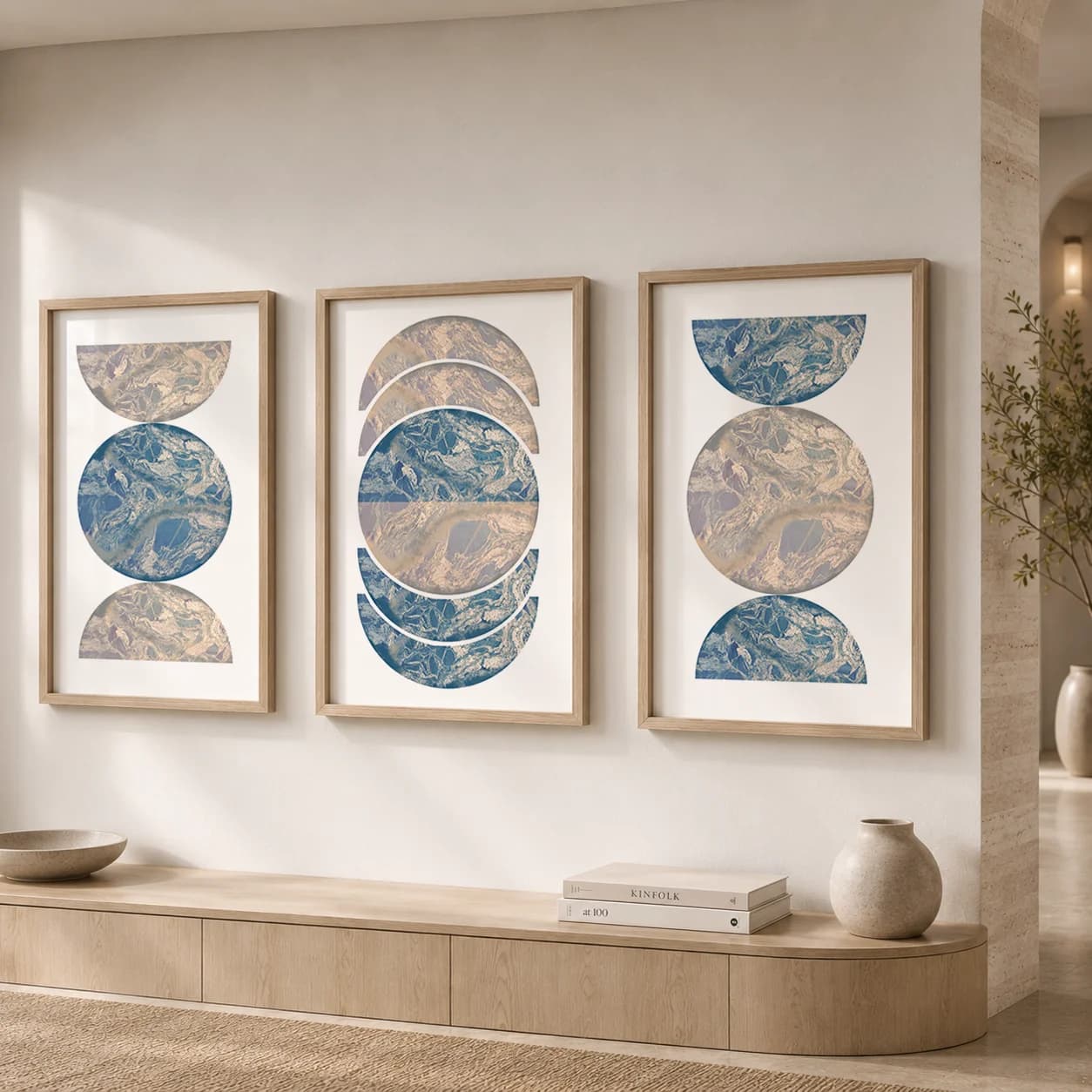 Abstract Wall Art Blue Beige Geometric Half Circle Canvas Painting Nordic Style Poster Prints for Bedroom Living Room Wall Decor