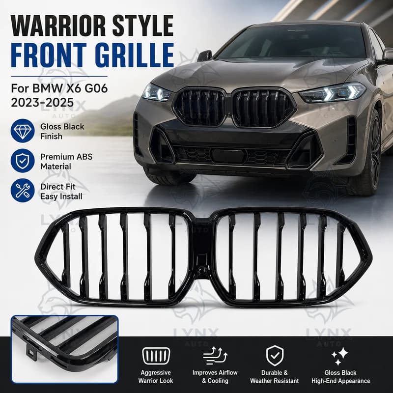 For 2023-2025 BMW X6 G06 Modified Black Warrior Style Gloss Black Single Line Single Bar Front Grille Intake Grille