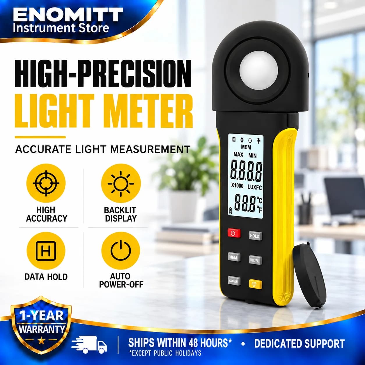 Digital Illuminance Meter,1-400000Lux Light Meter with Large LCD Screen Handheld Ambient Temperature Measurer, Lumen Meter