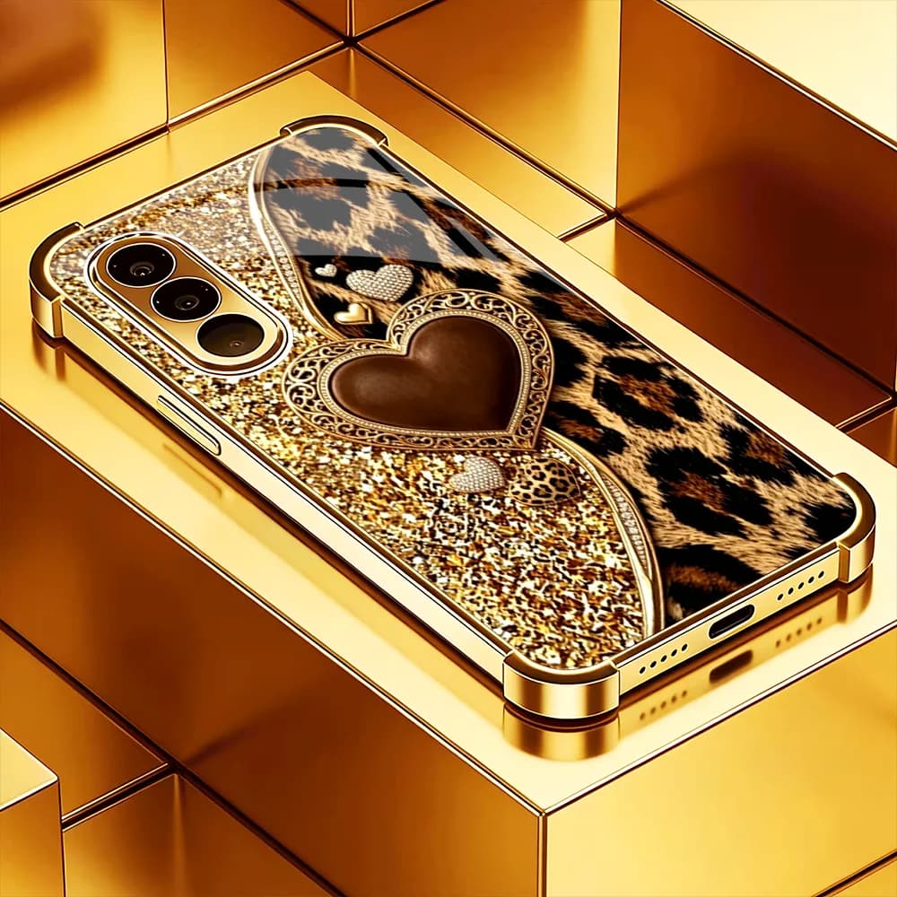 Phone Case Golden leopard print heart s26 ultra case s25 ultra Glass phone case for Samsung Galaxy S26 25 24 23 22 FE Ultra Plus