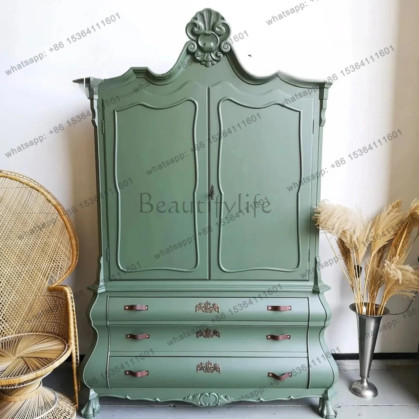 French Solid Wood Carving Flower Living Room Decorative Cabinet American Modern Simple Dining Room Storage Wine Cabinet