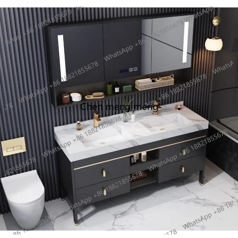 Modern simple solid wood bathroom cabinet combined with rock slab integrated smart bathroom, basin bathroom