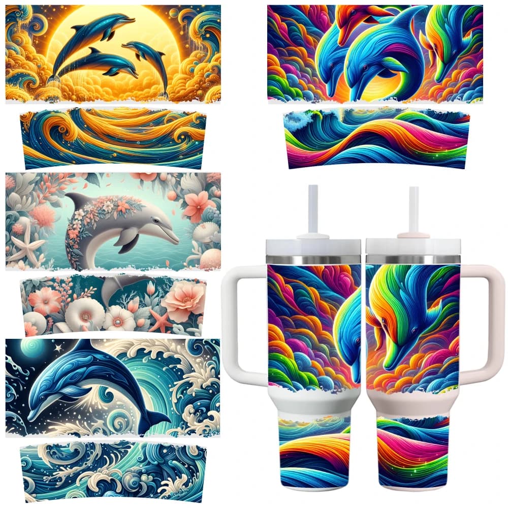 4 Sheets Dolphin Floral Ocean Waves Sunset Rainbow UV DTF Stickers for 40oz Tumblers Waterproof DIY Decals Decorative Transfer