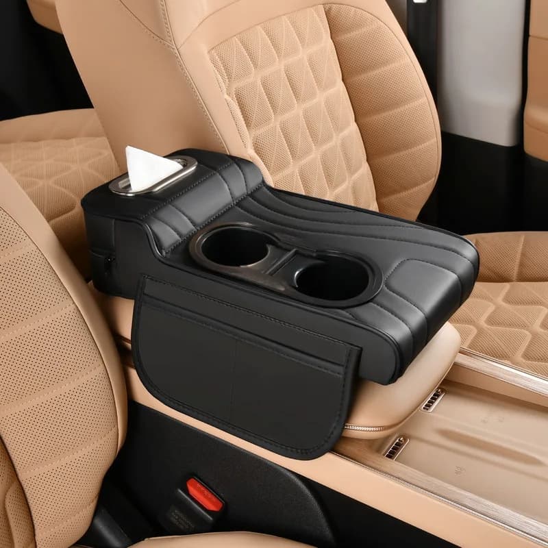 Car Armrest Box Cushion With Cup And Tissue Holder Leather Auto Center Console Heightening Pad Side Storage Bag Hand Support
