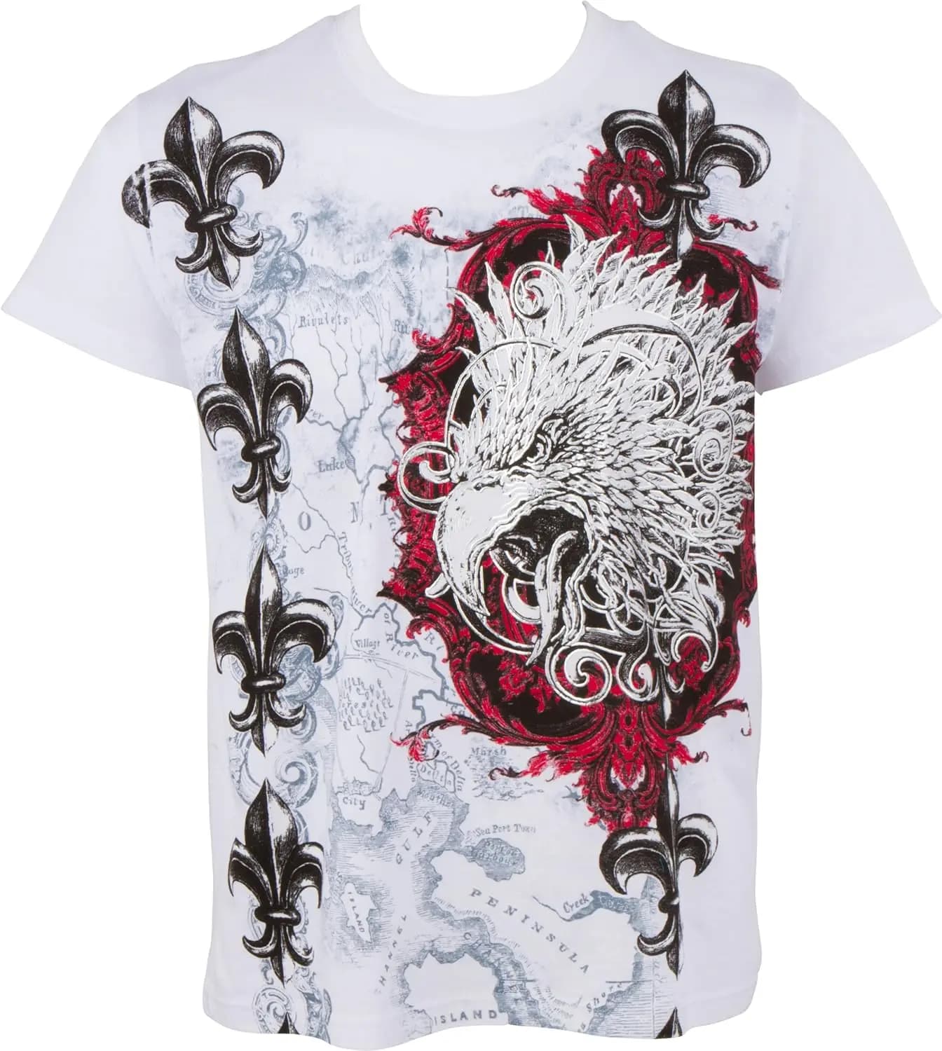 Sakkas Eagle Head and Fleur t shirts  de Lis Metallic Silver Embossed Cotton Mens Fashion T-Shirt y2k clothes man