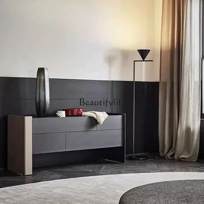 01Italian light luxury solid wood multi-layer board smoked wood leather chest side cabinet
