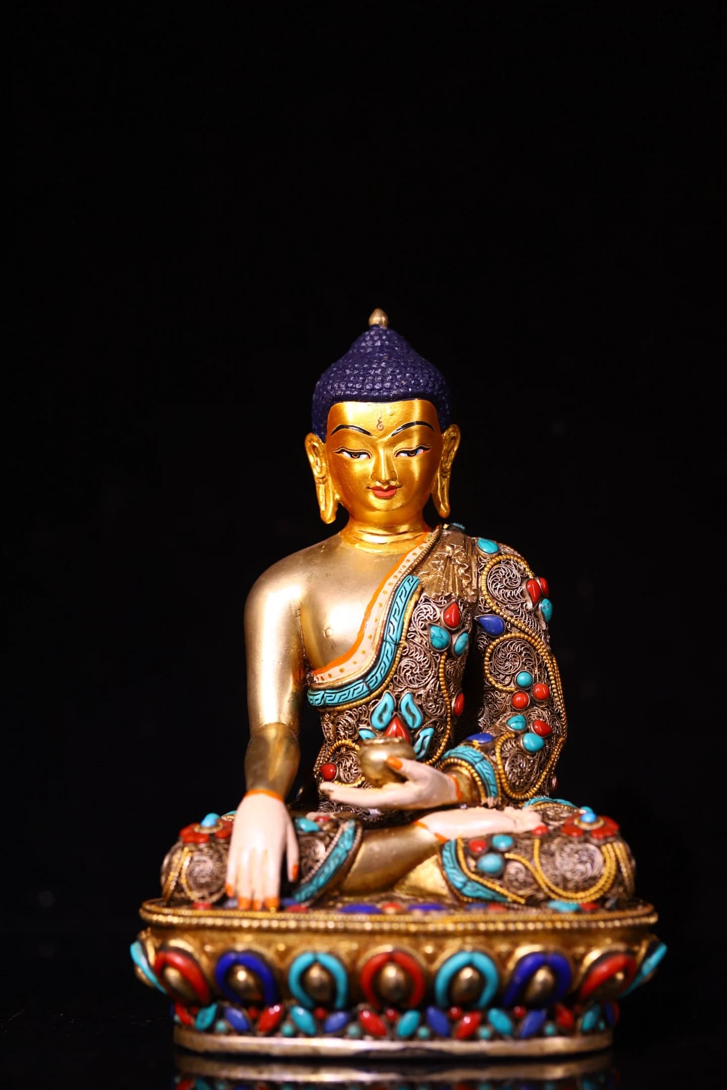 Old Lima Copper Mosaic Gem gZi Beads Turquoise Tibetan silver filigree Shakyamuni Buddha Lotus Terrace Amitabha Worship Hall
