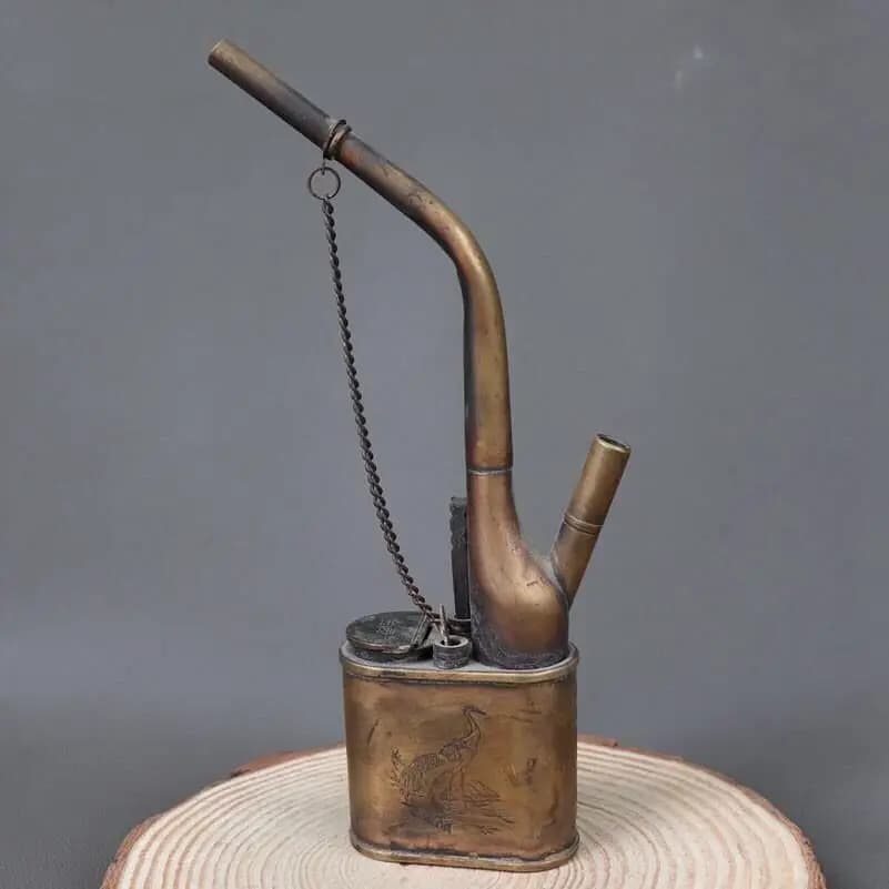 Antique antiques Miscellaneous Wenplay Collection Copper retro smoking set, bong pipe, Shuanghe Shanshui hookah bag