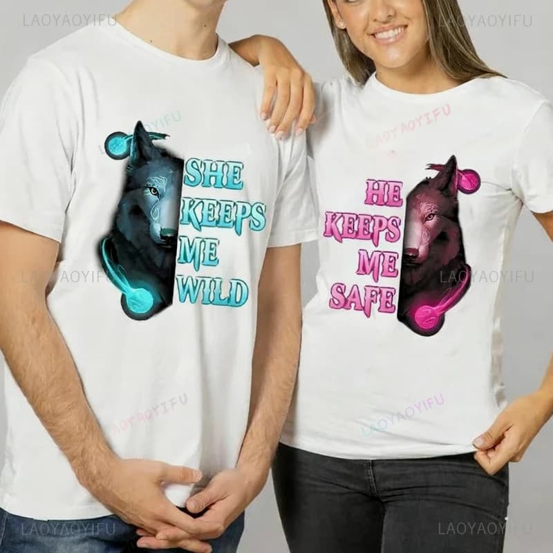 She Keeps Me Wild/he Keeps My Safe Couple T-shirts Matching Wolf Couple Tshirts Valentine's Day Short Sleeve Lover Tees Gifts