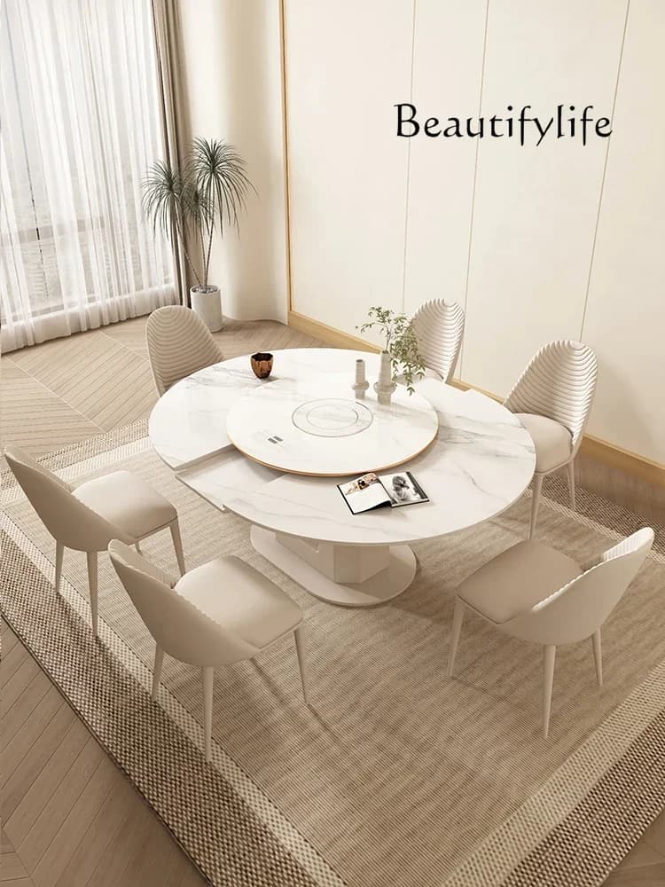 N36 French rock slab dining table retractable modern small apartment multi-functional round table with induction cooker househol