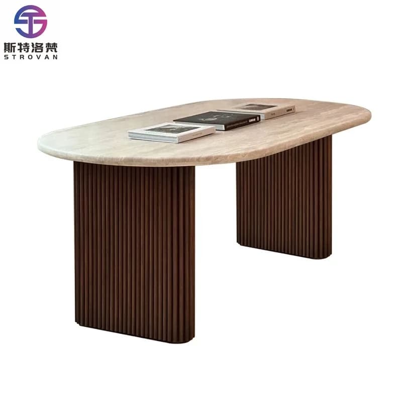 Nordic Urban Style Home Furniture Solid Wood Dining Table Travertine Top Table for Kitchen Restaurant Dining Room