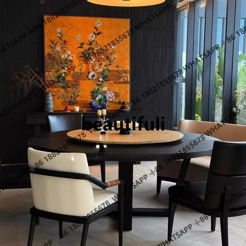 H  Italian minimalist solid wood modern minimalist home retro marble dining table turntable round table in the ancient style