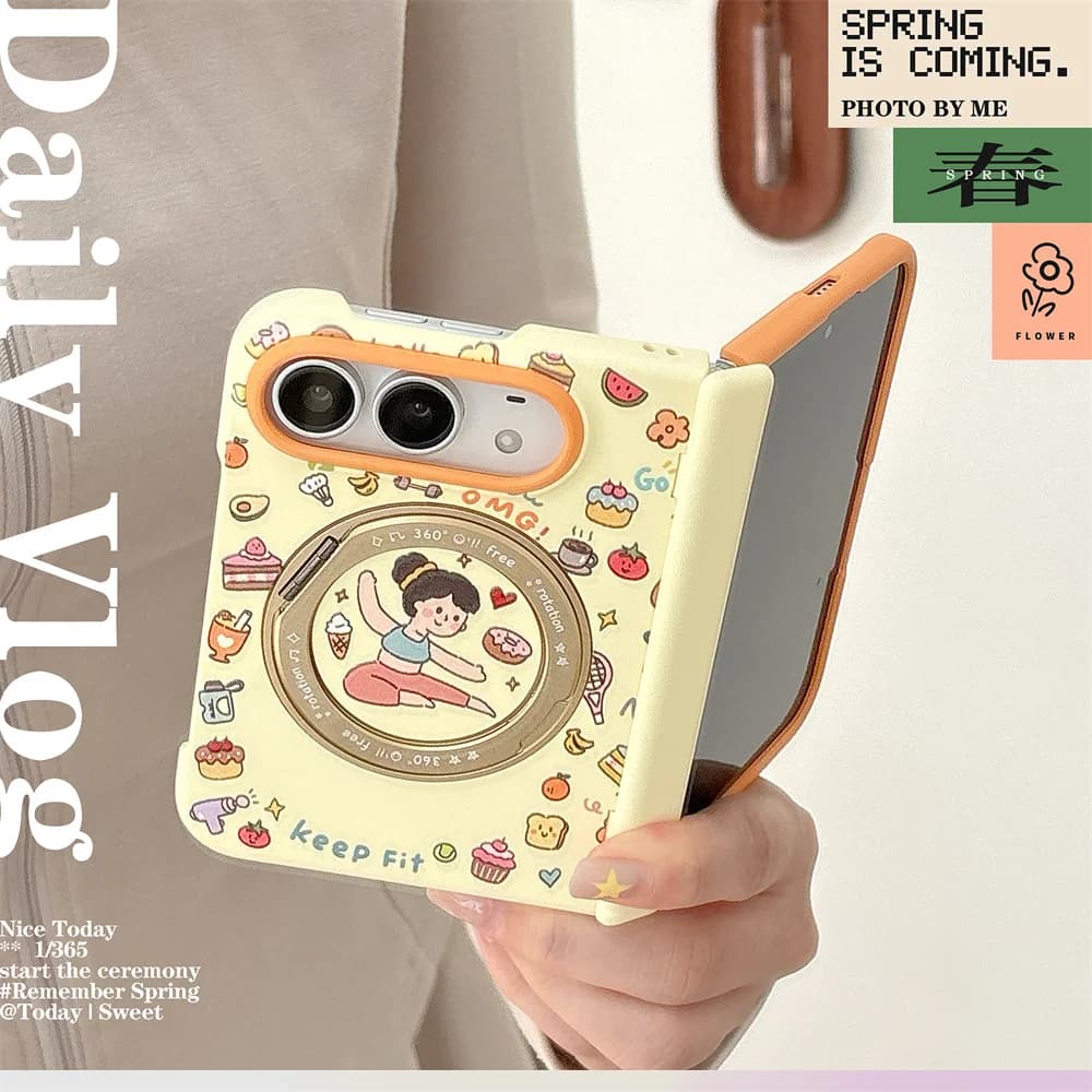 Kawaii Fitness Girl Cartoon Magnetic Cases For iPhone Duo 360 Degree Rotating Holder Delicious Food Fruit Fashion Anti‑Drop