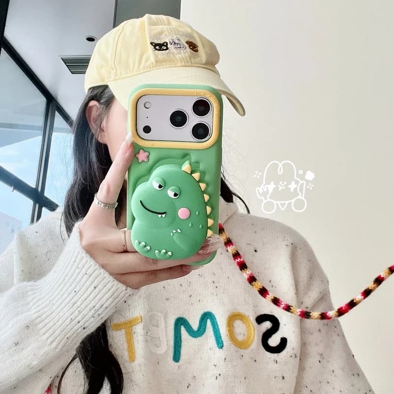 3D Cartoon Dinosaur Telescopic Bracket Silicone Phone Case For iPhone 18 17 16 Plus 15 14 13 12 Pro Max Soft Stand Holder Cover
