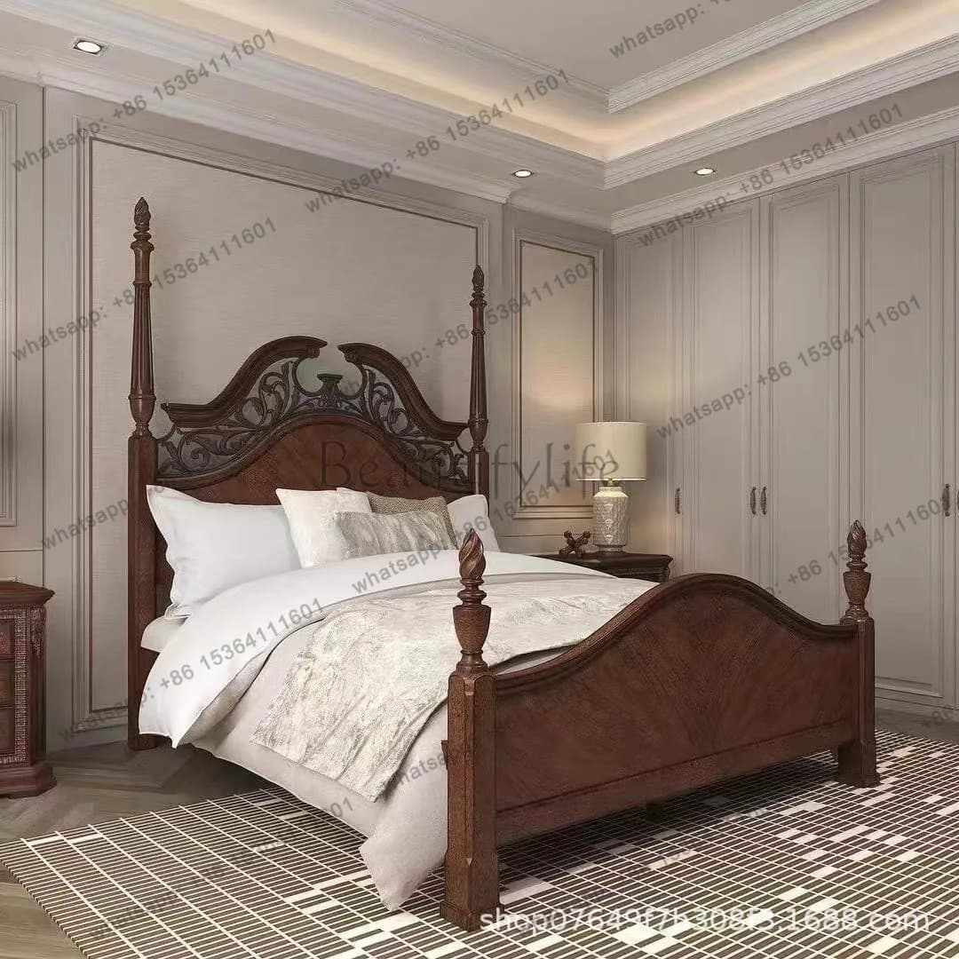 American high-end villa pillar 1.8 meters solid wood bed retro and old, French carved double bed
