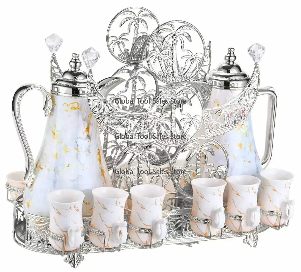 Arabic Style Ceramic Golden Tea Set – Insulated Teapot, Milk Pot & Porcelain Cup Saucer (Gold Coffee Cups Included)