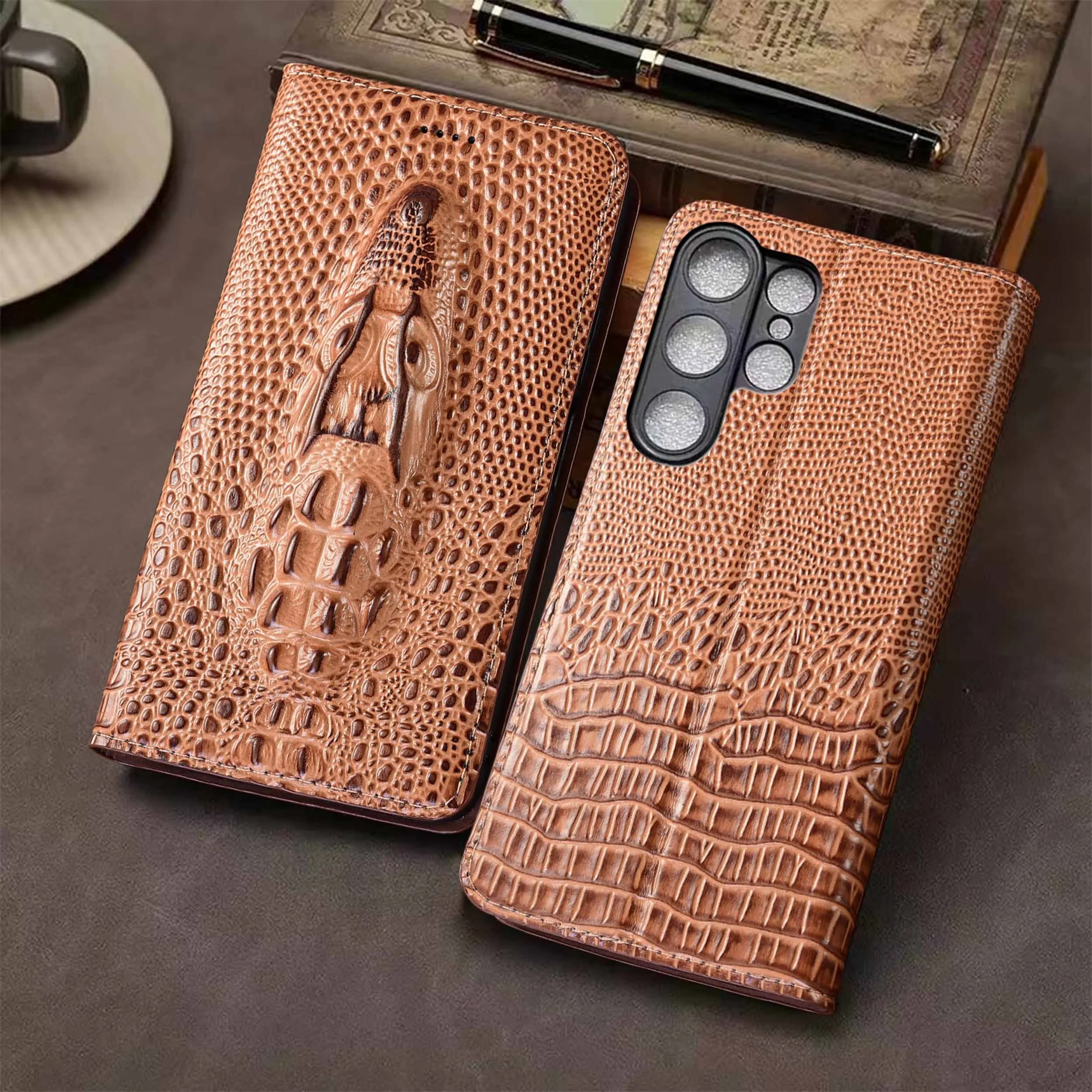 For Samsung Galaxy S21 S22 S23 S24 S25 S26 Edge Plus Ultra FE Crocodile Head Pattern Of Genuine Leather Flip Phone Case Cowhide