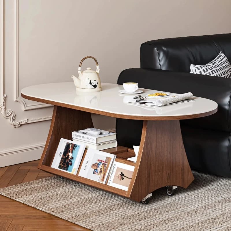 yjq movable side living room home, rock slab solid wood tea table oval storage trolley