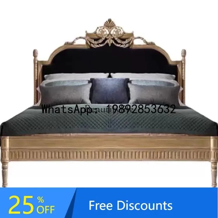 FF French retro old solid wood carving flower bedroom double bed romantic villa fabric wedding bed