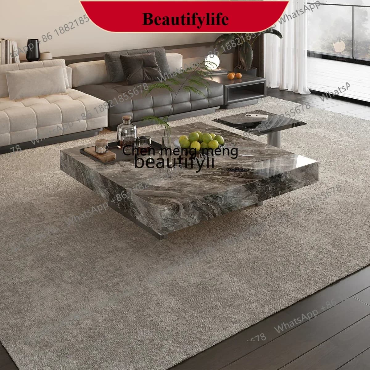 D178  Dhh Natural marble square suspended coffee table rock slab Italian light luxury glass edge table household high-end sense