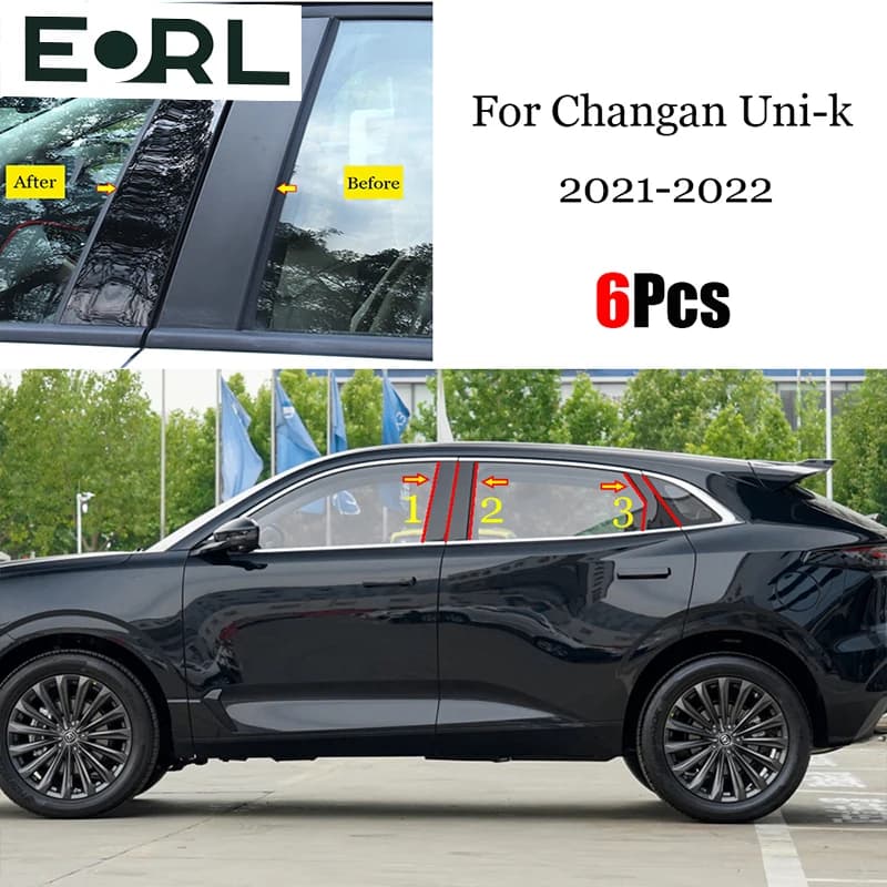 6PCS Gloss Black Polished Pillar Posts Fit For Changan Uni-k Unik 2021 2022 Window Trim Cover BC Column Sticker