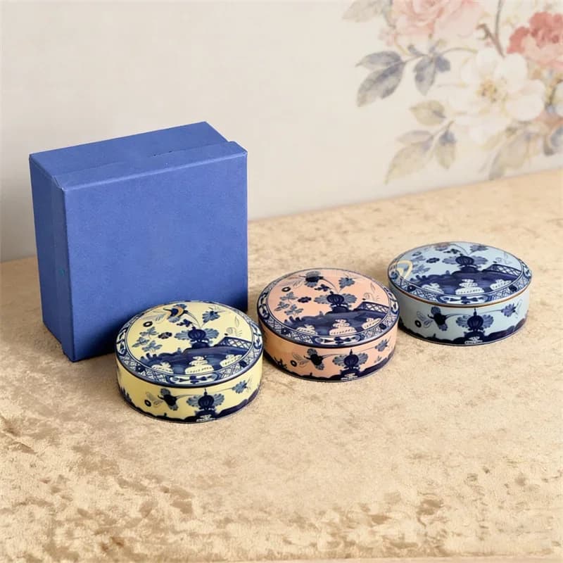Oriental Series Ceramic Jewelry Box Round Lidded Trinket Organizer Tabletop Decor Storage for Bedroom Entryway Desktop Ornament