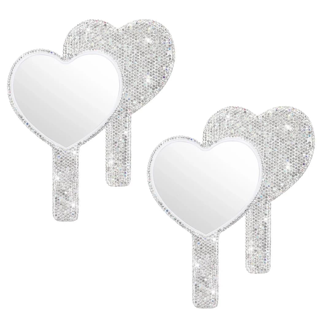2Pcs/Set Rhinestone Handheld  Dazzling Bling Heart-Shaped Hand  Small Decor Makeup Mirrors Portable Travel Mirrors