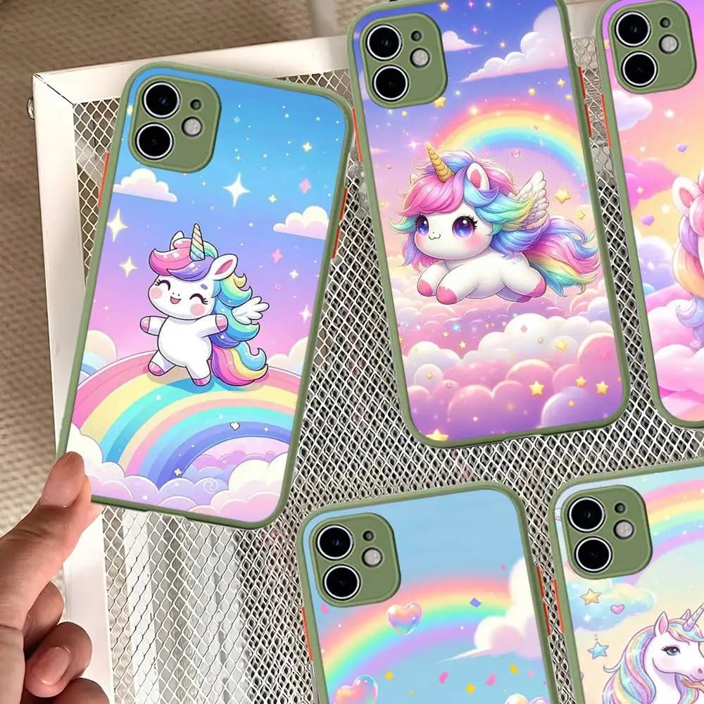 Pink Unicorn Rainbow For iPhone 16 15 14 13 12 11 Pro Max X XS MAX Plus Translucent Black Phone Cover
