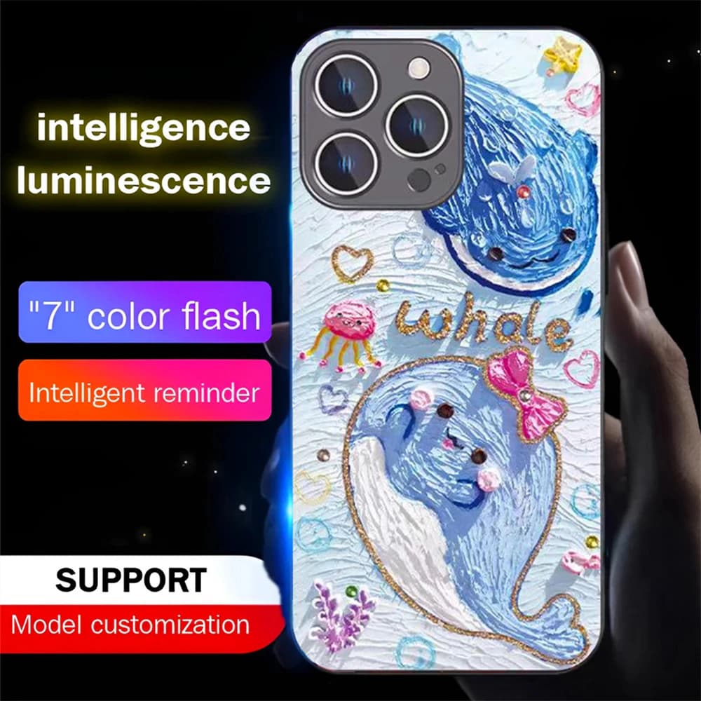 Cute Whales Oil painting Smart LED Light Glow Tempered Glass Phone Case For iPhone Air 17 16 E 15 14 13 12 11 Pro Max XR XS Plus