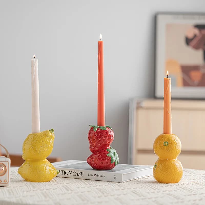 Ceramic Fruit Candle Holder Lemon Orange Figurines Strawberry Candlestick Home Room Decoration Tabletop Desk Decor Gift
