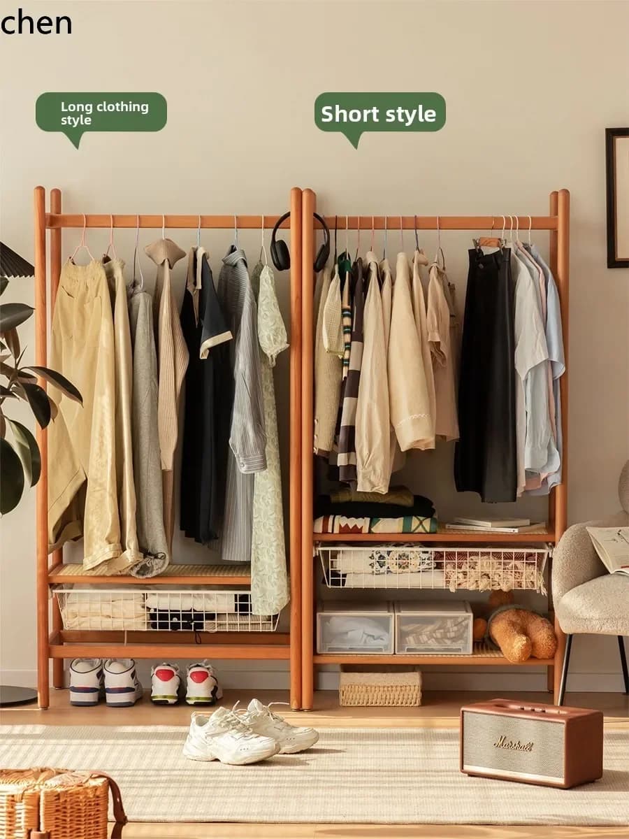 HT Solid Wood Clothes Rack Rattan Woven Floor-standing Full Clothes Rack Bedroom Multi-functional Small Clothes Rack