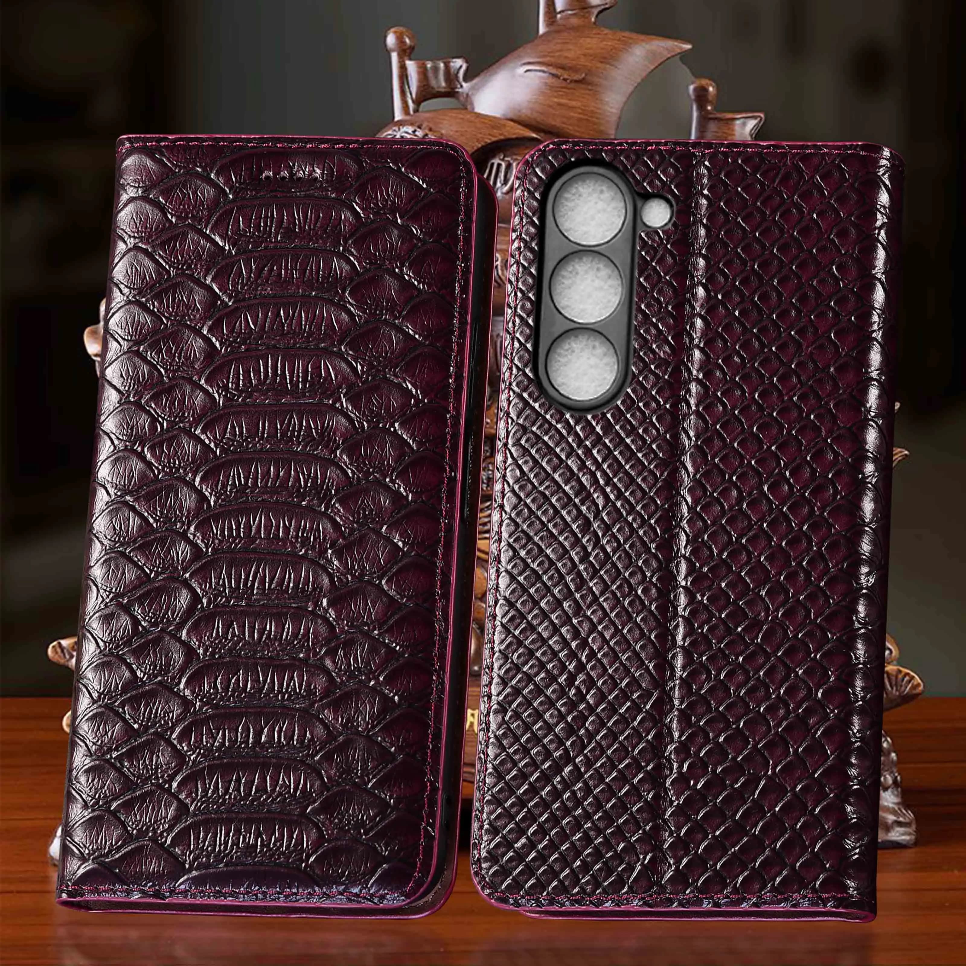 Magnet Genuine Leather Flip Wallet Phone Case Cover On For Samsung Galaxy S26 Plus Ultra FE Python Pattern Of Cover Case No-Slip