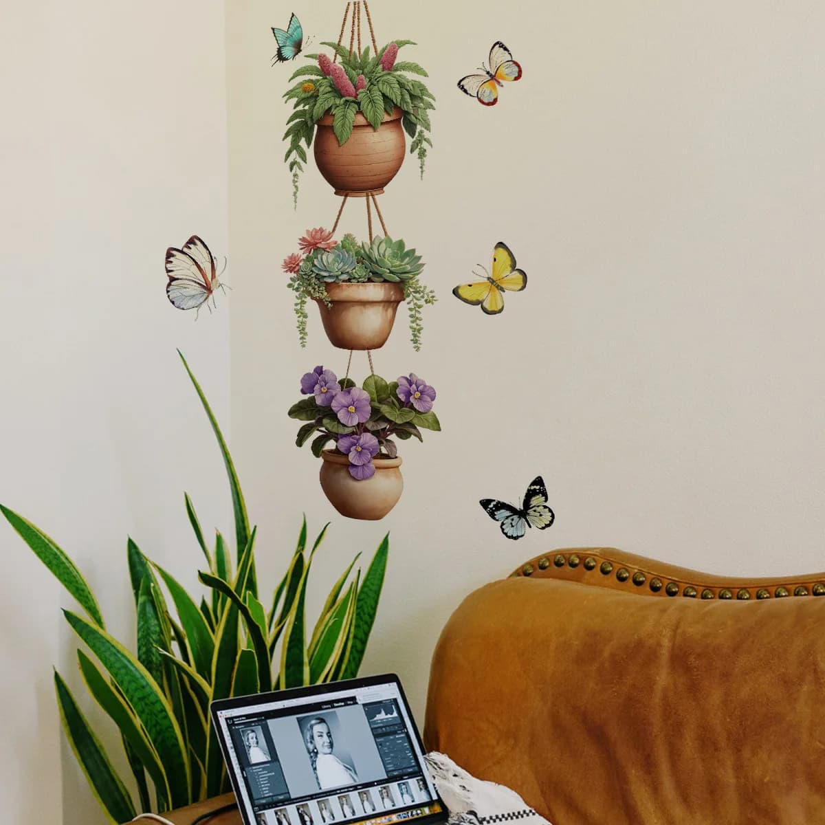 New Flower Potted Plant Colored Butterfly Wall Sticker Background Self-adhesive Wall Sticker
