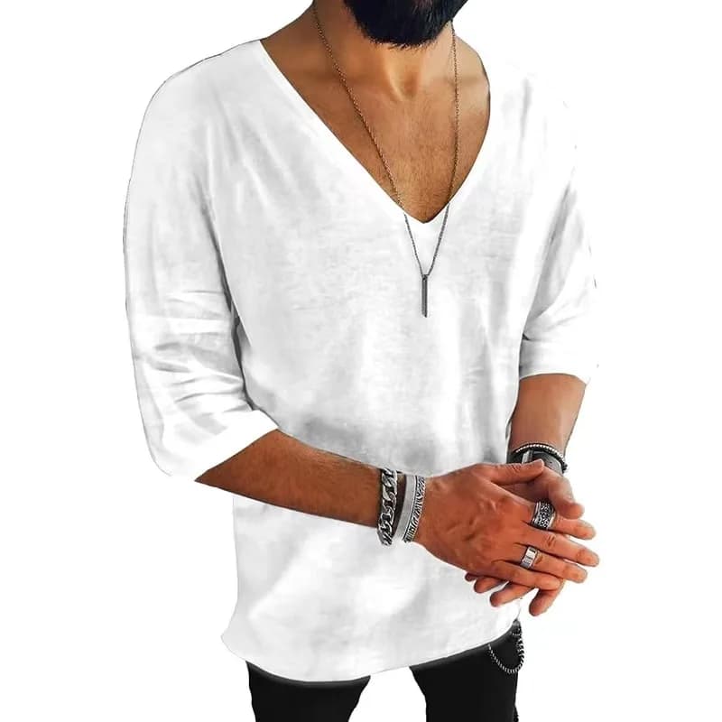 Men Cotton Linen T-shirt Half Sleeve Hippie Casual Beach Vintage V-Neck Oversized Loose Pullover Solid Tops Mens Tees Streetwear