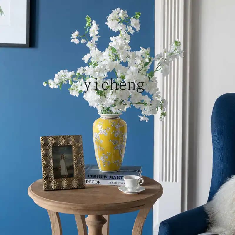 DSA living room hand vase new Chinese high-end porcelain retro yellow hydroponic flower arrangement