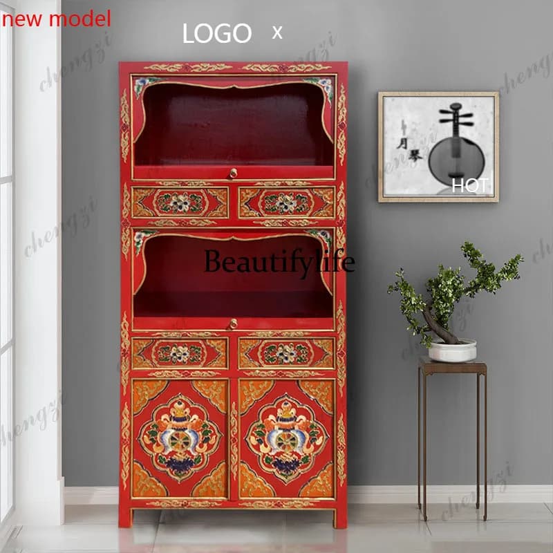 N138Painted Buddhist cabinet, casket locker, multifunctional living room, bookcase, balcony, bookshelf, retro furniture
