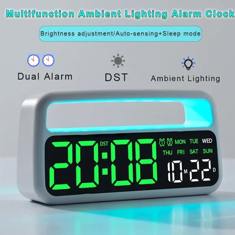 Digital Alarm Clock with Ambient-Light Date Dual Alarms Electronic Table Clock Brightness Adjustment Sleep Mode Home LED Clocks
