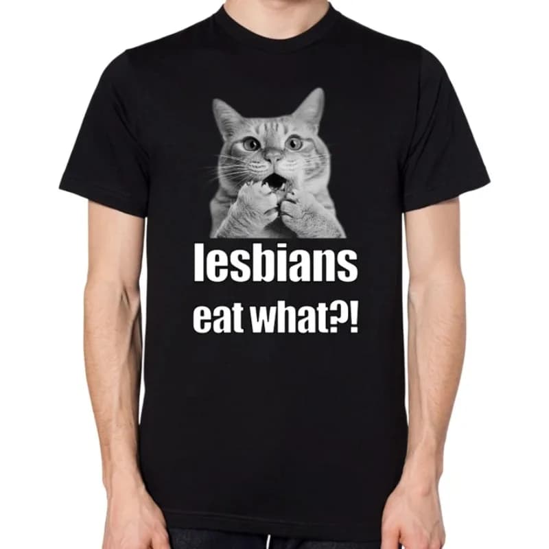 Men's Funny Lesbians Eat What? cat T Shirt Cotton Tee Women Oversize Loose Spring Summer Casual Meme Ironic Humor Weirdcor Top