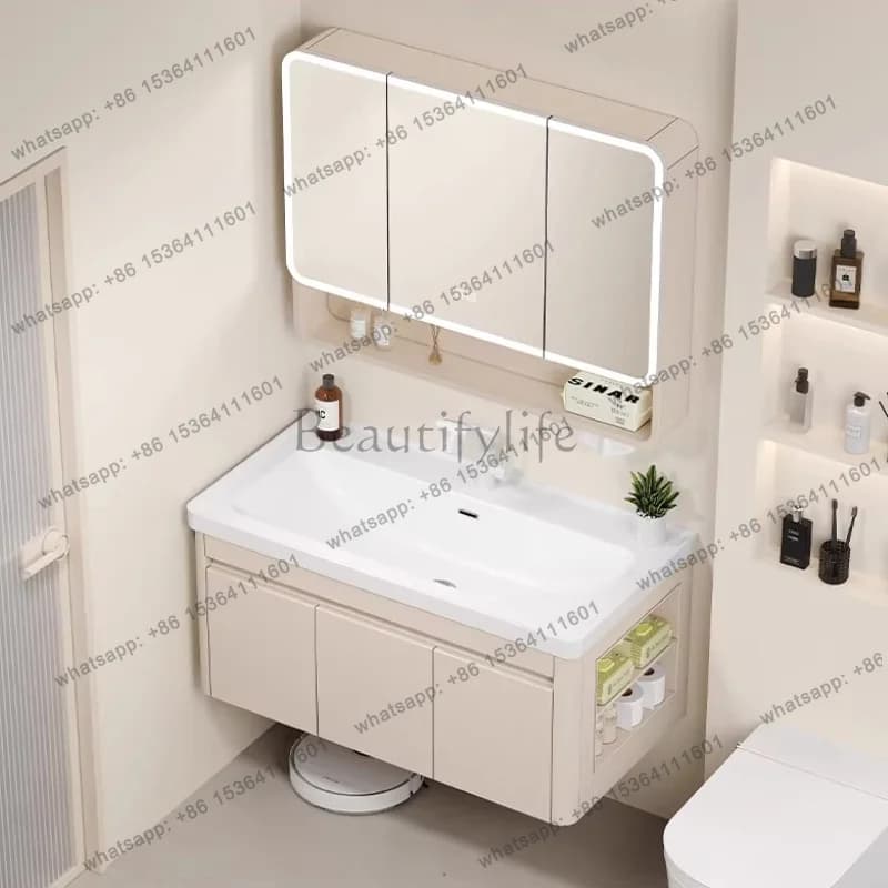 Cream style honeycomb aluminum alloy combination bathroom cabinet ceramic integrated basin bathroom washstand organizer vanity