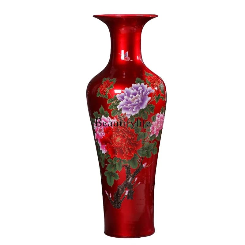 4*Jingdezhen ceramic floor-to-ceiling vase Chinese red crystal glaze Chinese decorative ornament