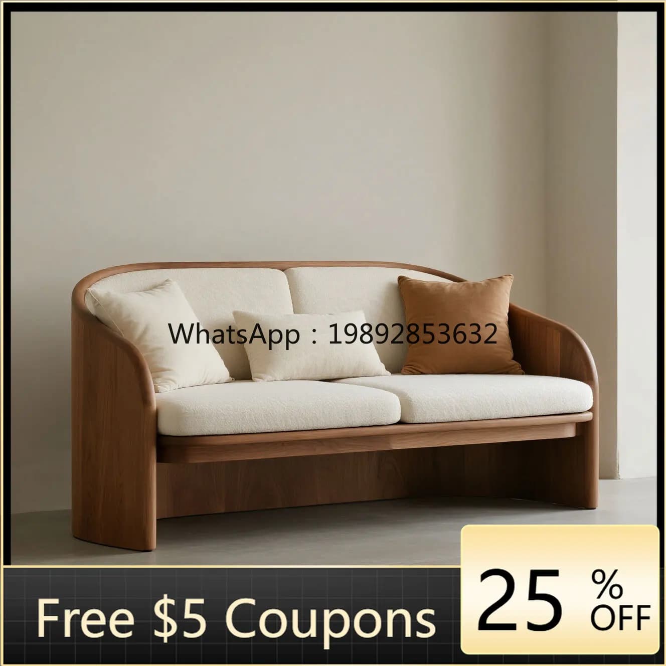 LYY Vintage Style White Wax Wood Curved Warm Wooden Frame Chinese Minimalist Style Solid Wood Double Sofa Hotel Homestay