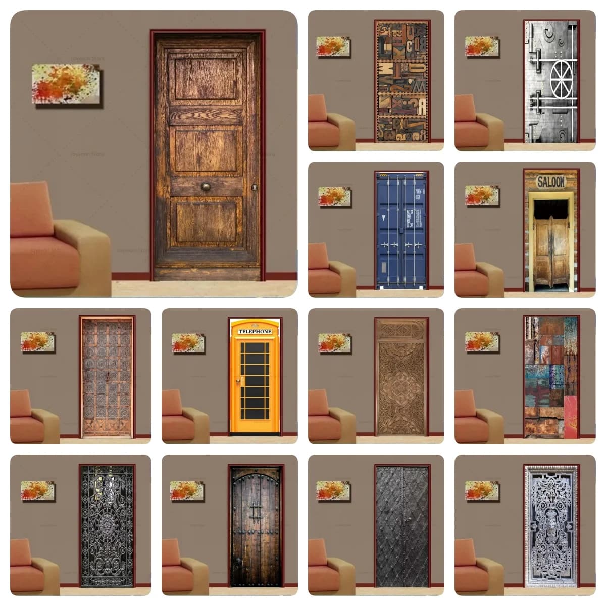 Rustic Retro Door Stickers Waterproof Self-Adhesive Wood Western Telephone Box Industrial Iron Gate Wrap for Home Office Decor