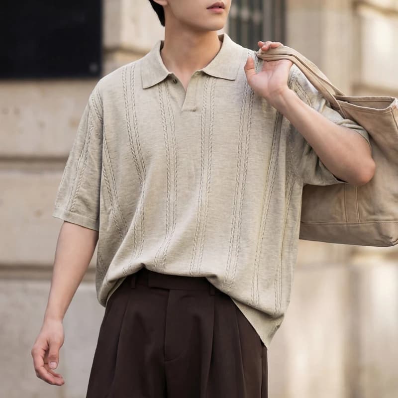 Textured twist texture knitted short-sleeved T-shirt men's summer solid color POLO shirt retro casual top